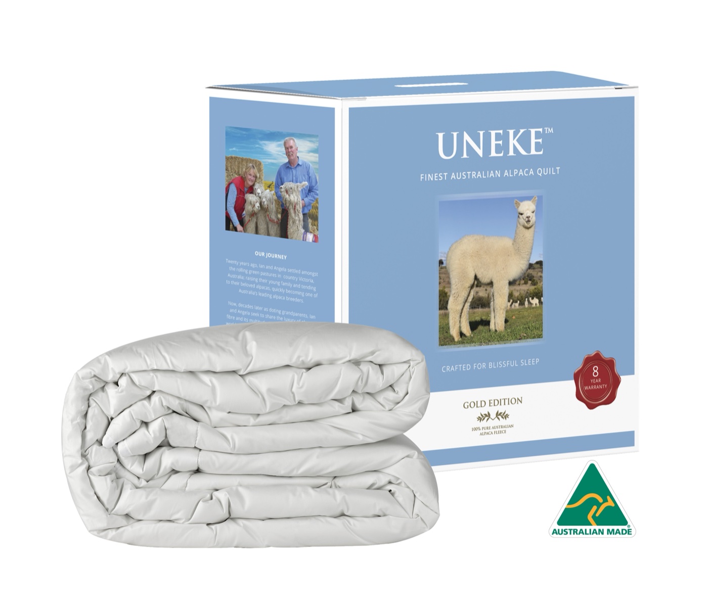 The Uneke alpaca quilt in its Gold Edition box, Australian made, 8-year warranty
